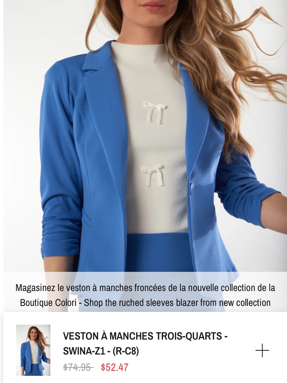 Bright Blue Ruched-Sleeve Blazer